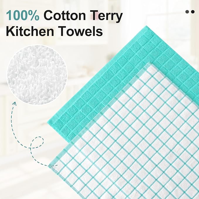 Homaxy Premium Cotton Kitchen Towels 16"x 28", Large Natural Ring Spun 390 GSM Dish Towels, Super Absorbent Terry Kitchen Hand Towels, Soft Tea Towels with Hanging Loop, Aqua Check Design, 4 Pack