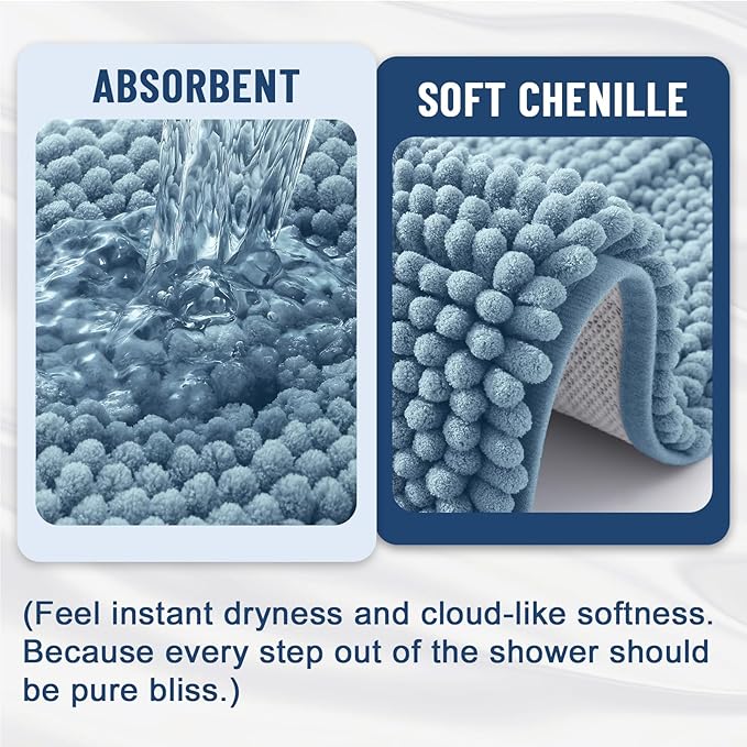 Grandaily Chenille Striped Bathroom Rugs 34x21, Extra Thick and Soft Absorbent Bath Mats, Rubber Backing, Plush Shaggy Shower Carpet, Machine Wash Dry, Bath Rug for Bathroom, Airy Blue
