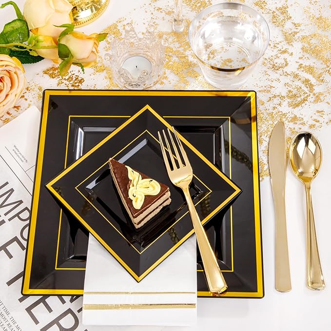 Festiva 350Pcs Black and Gold Plastic Plates-50Guests Disposable Square Black Dinnerware Set include 100 Plastic Plates,50Cups,150Plastic Cutlery,50Napkins for Birthday Party &Wedding&Graduation