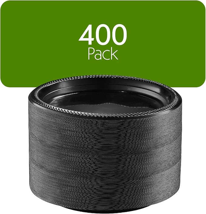 PLASTICPRO 400 PCS Black Plastic Plates Light Weight 9 Inch Plastic Dinner Plate Black Plates Disposable for Party and Wedding
