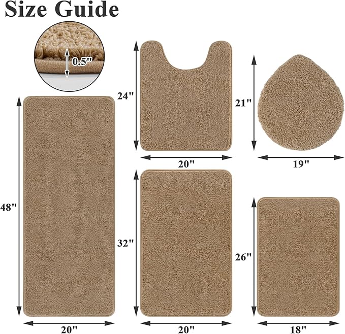 SHACOS 5 Pieces Bathroom Rugs Set with Toilet Lid Cover Ultra Soft Absorbent Microfiber Bath Mat U Shape Contour Rug for Bathroom, Non Slip Machine Washable Bath Runner Rugs for Bedroom, Beige Brown