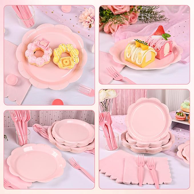 96 Pcs Pink Paper Plates and Napkins Set Party Supplies, Tableware set for 24 Guest include Disposable Pink Scalloped Plates, Napkins and Forks for Baby Shower Bridal Shower Wedding Birthday