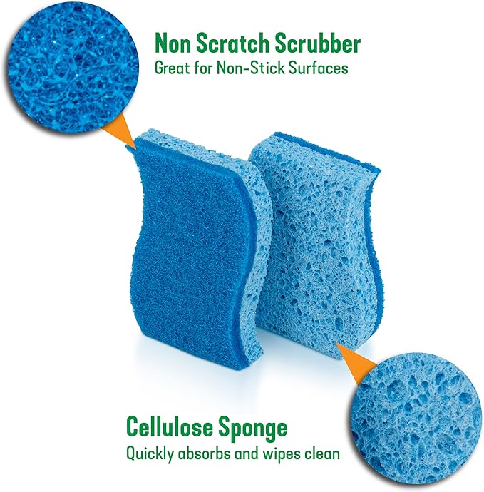 Pine-Sol Non Scratch Scrub Sponges - Double Sided Dish Scrubber Safe for Nonstick Cookware - Kitchen Essentials for Dishwashing and Cleaning, 4 Pack, Blue