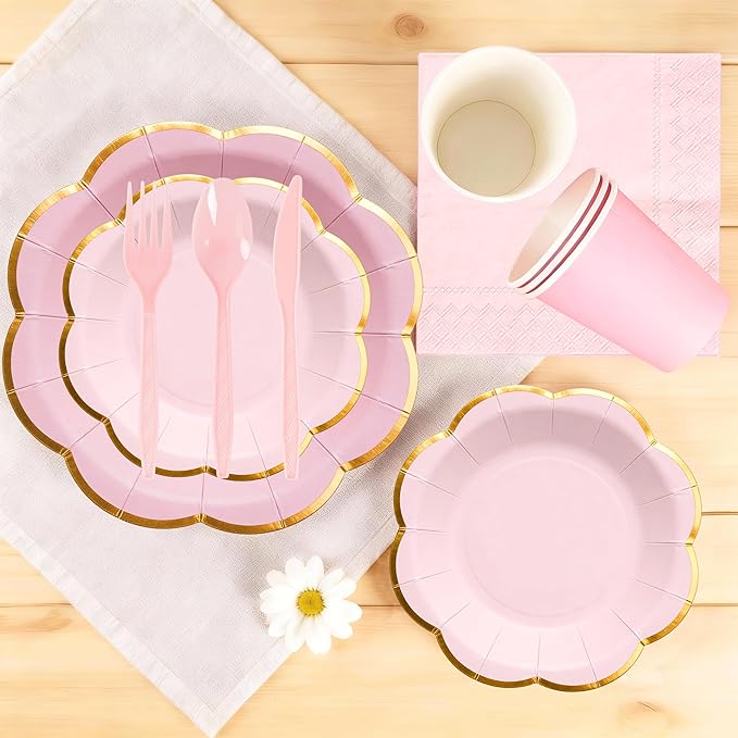 Pink Paper Plates and Napkins Party Supplies for 24 Guest, 168Pcs Pink Scalloped Mother's Day Party Plate with Gold Rim, Pink Disposable Plates Set for Girls Birthday Party Baby Shower Gender Reveal
