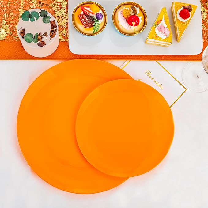 PULOTE 100PCS Orange Plastic Plates - Premium Hard Orange Disposable Include 50 Each(10.25 Inch Dinner & 7.5 Inch Dessert) Plates, Ideal for Party
