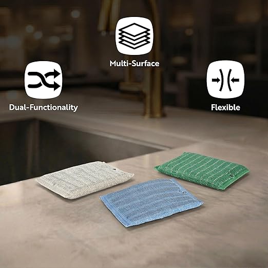Restaurantware Scouring Pad 3 Count 5.5 x 3.9 Inches Plastic Steel Wool Sponge Metal Scrubber Durable Odor Free Scrubber Multi-Color Blue+Beige+Green Household Cleaning Sponge