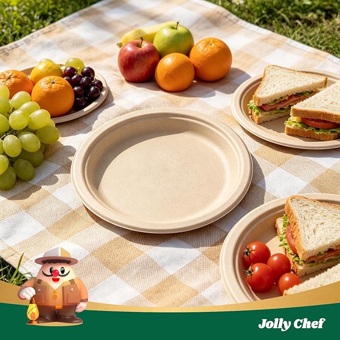 JOLLY CHEF Compostable Heavy Duty Plates 𝟭𝟬 𝗜𝗻𝗰𝗵 [𝟯𝟬𝟬 𝗣𝗮𝗰𝗸] Eco-Friendly Disposable Paper Plates Made of Bagasse Biodegradable Bulk for Party Dinner Sugarcane Thanksgiving Day (Natural)
