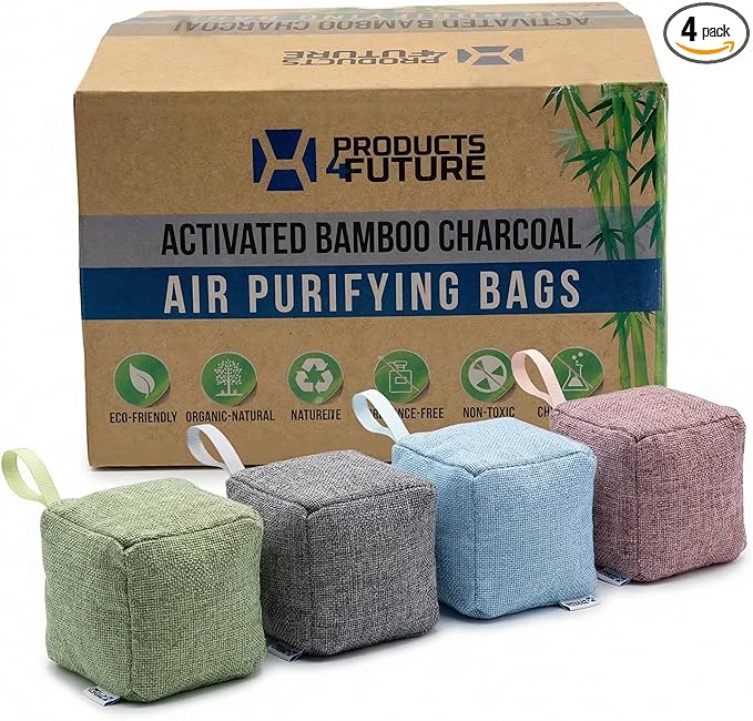4 pack Naturally Activated Bamboo Charcoal Air Purifying Bags | Natural Home Deodorizer Bag | Charcoal Bag Odor Absorber For Pets | Odor Eliminator & Moisture Absorber Air Freshener Bag (200g Cube)