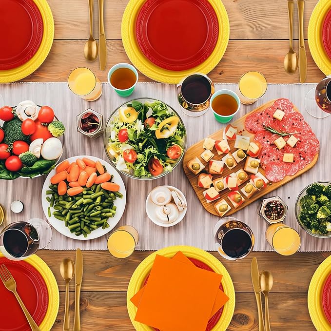 Aodaer 400 Pieces Colorful Dinnerware Set, Disposable Party Supplies Include 7/9 Inch Yellow Red Plastic Plates Green Cups Cutlery Napkins for Rainbow Birthday Party Decor, Serve 50 Guest