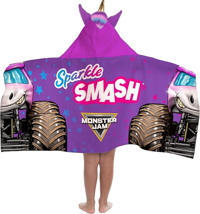 Jay Franco Kids Hooded Towel – 22" x 51" Super Soft Bath Wrap with 3D Hood, Beach, Pool & Travel, Official Licensed Product, Purple - Monster Jam Sparkle Smash