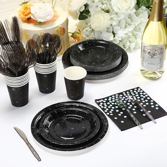 Hushee 175 Pcs Black Holographic Print Party Supplies Guests Disposable Dinnerware Set Include Paper Plates, Napkins, Cups, Plastic Cutlery for Wedding Birthday Disco Bachelorette