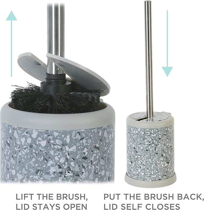 Bath Bliss Toilet Brush and Holder | Self Closing Lid | 360 Degree Brush Head | Bathroom Cleaning | Compact Size | Storage and Organization | Terrazzo grey with pink speckles