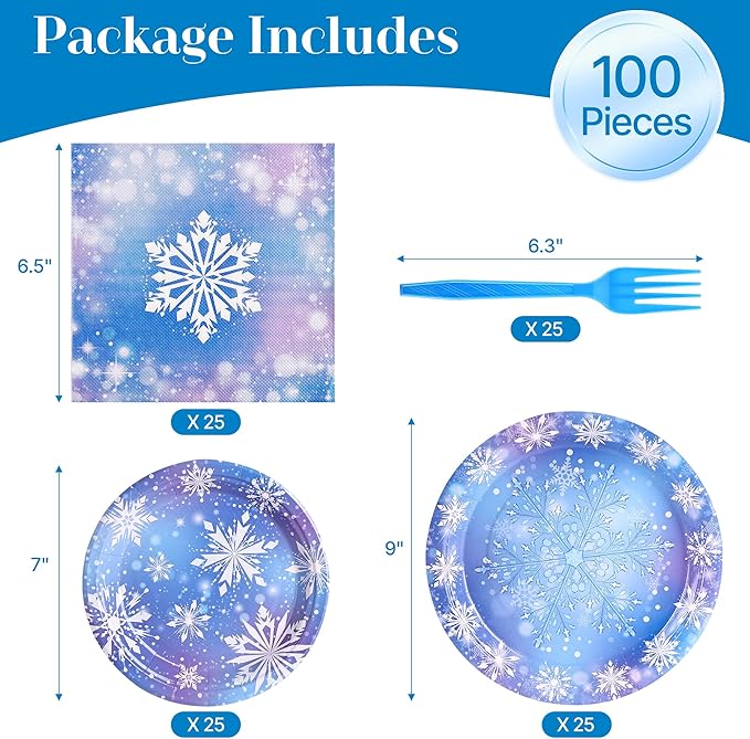 100 Pcs Frozen Party Supplies for 25 Guests, Heavy-Duty 7" & 9" Paper Plates, 2-Ply 13" Napkins & Plastic Forks, Disposable Winter Snowflake Tableware Set for Christmas Holiday Party