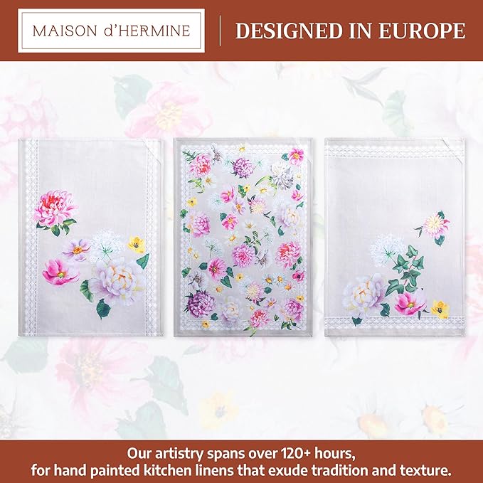 Maison d' Hermine Kitchen Towels Set of 3 100% Cotton 27.50" x 20" Reusable Cloth Tea Dish Towels Absorbent with Hanging Loop for Kitchen Farmhouse Hotel Spring Summer - Pivoine