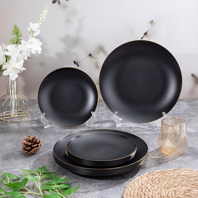 EI 80pcs Black and Gold Dinner Plates Disposable 10.25inch,Plastic Party Graduation Plates with Gold Rim,Black Plastic Matte plate Frosted Disposable Heavy Duty,Elegant for Wedding/Graduation