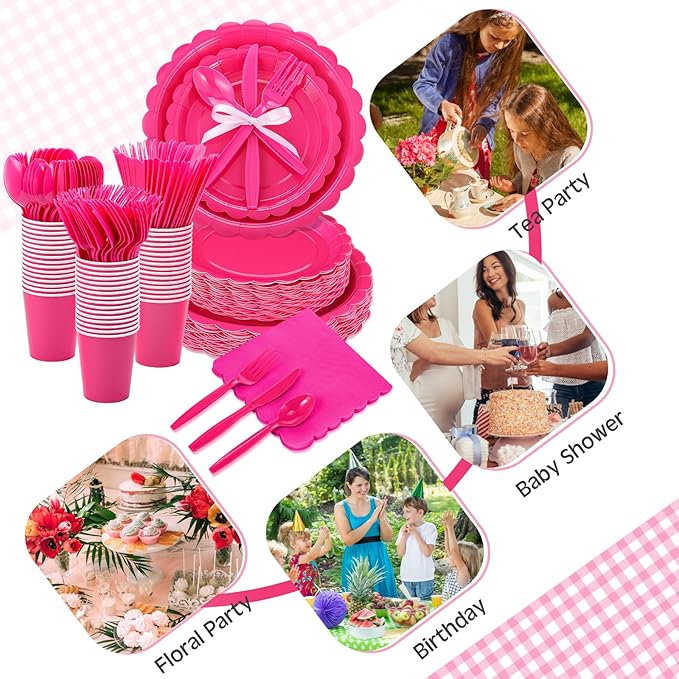Ziliny 350 Pcs Hot Pink Plates and Napkins, 50 Guest Breast Cancer Awareness Party Supplies Include Scalloped Paper Plates Napkins Cups Plastic Spoons Forks Knives Disposable Tableware Set for Women