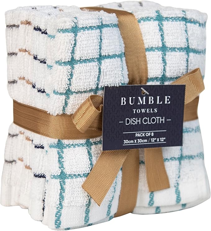 Bumble Dish Cloths (8 Pack) | 12” x 12” | 100% Cotton Kitchen Towels | 406 GSM | Soft, Highly Absorbent & Durable Dish Towels for Kitchen | Multicoloured Checked