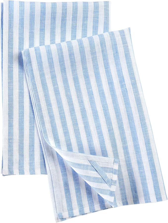 Solino Home Sky Blue and White Linen Kitchen Towels Set of 2-100% Pure Linen 17 x 26 Inch Amalfi Stripe Tea Towels with Hanging Loop - European Flax Kitchen Dish Cloth- Quick Dry & Machine Washable