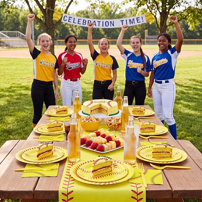 100 Pcs Softball Party Supplies for 25 Guests, Heavy-Duty 7" & 9" Paper Plates, 2-Ply 13" Napkins & Plastic Forks, Disposable Softball Themed Tableware Set for Game Day and Birthday