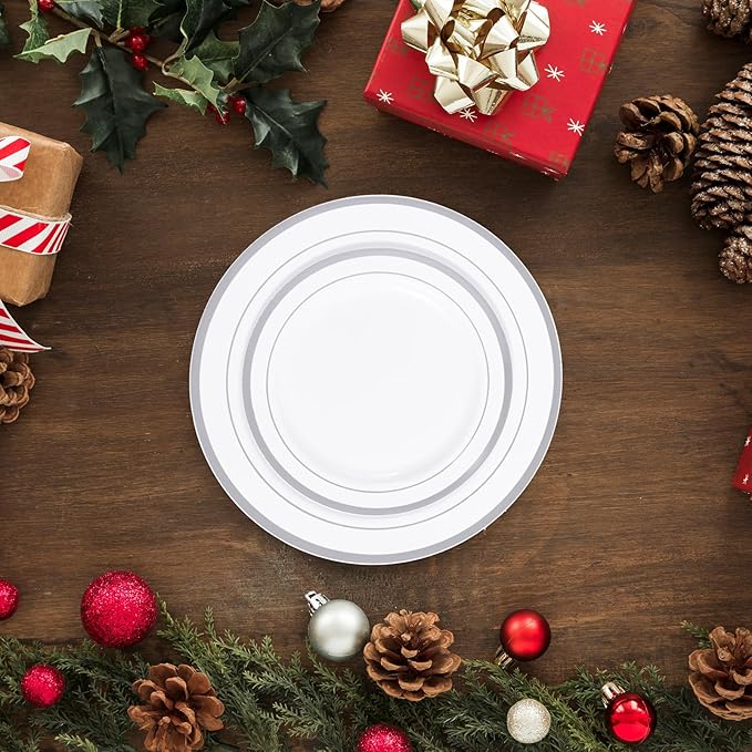 JollyPack 100 Piece Disposable Silver Plastic Party Plates, Including 50 10 Inch Dinner Plates and 50 7 Inch for Dessert, Great for Parties, Weddings, Home Use, and Christmas