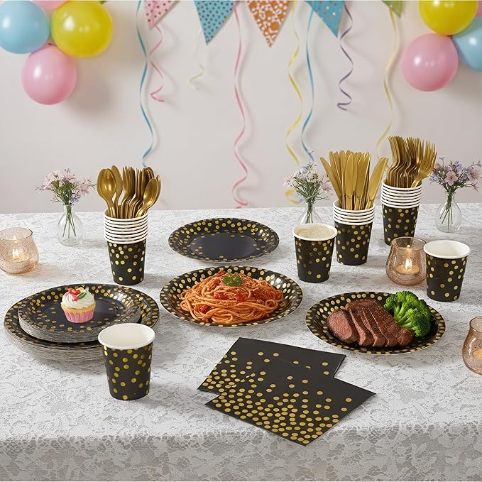 Fijinhom Black and Gold Dot Paper Plates Set, 175 PCS Party Supplies, Disposable Dinnerware Set for 25 Guests, Gold Dot Paper Plates Napkins Cups Gold Plastic Forks Knives Spoons for Wedding Festival