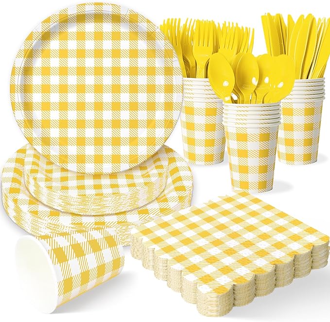 Vyntra Checkered Gingham Paper Plates and Napkins Set for 50" 9" Dinner Plates & 7" Dessert Plate, Birthday Party (Yellow Gingham, 175 Pcs)