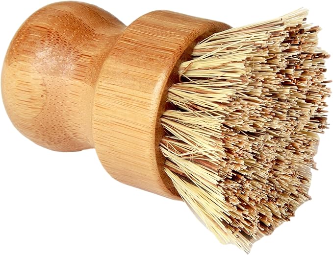 Heritage Products Cast Iron Scrub Brush, Palm Brush Kitchen Dish Scrubber with Natural Bamboo Wood Handle and Densely Packed Nylon Bristles Protects Nonstick Cast Iron Seasoning During Dishwashing