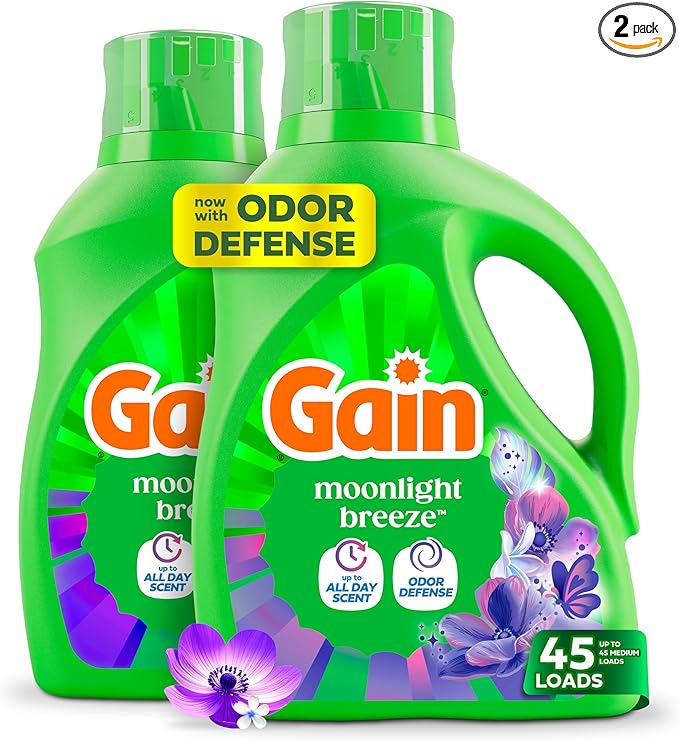 Gain Liquid Laundry Detergent with Odor Defense, Moonlight Breeze Scent, Laundry Soap For HE Washing Machines, 60 fl oz, 45 Loads, Pack of 2 (Packaging May Vary)