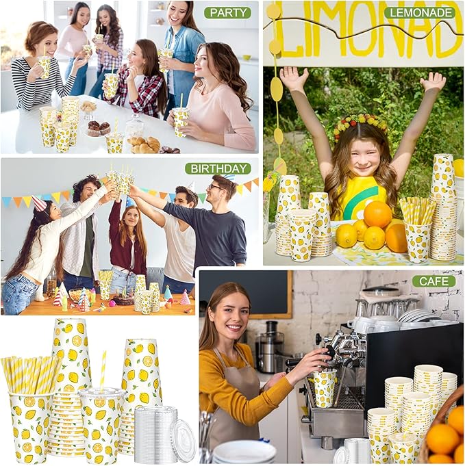 Tessco 150 Pieces/ 50 Sets Lemonade Cup with Lids and Paper Straws 12oz Disposable Iced Coffee Paper Summer Lemon Citrus Cold Cup for Fruit Party Iced Coffee Cold Beverages Drinks Juices