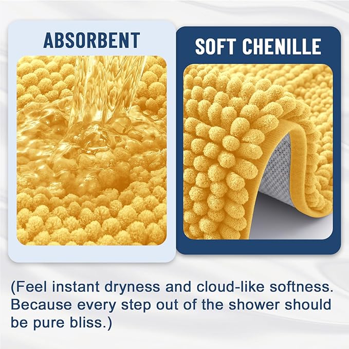 Grandaily Chenille Striped Bathroom Rugs 47x17, Extra Thick and Soft Absorbent Bath Mats, Rubber Backing, Plush Shaggy Shower Carpet, Machine Wash Dry, Bath Rug for Bathroom, Light Yellow