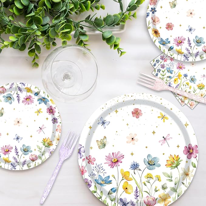96 Pieces Wildflower Plates and Napkins, Spring Floral Flower Disposable Tableware with Paper Plates Napkins Forks for Wildflower Party Supplies, Birthday Baby Shower Tea Party Decorations, Serves 24