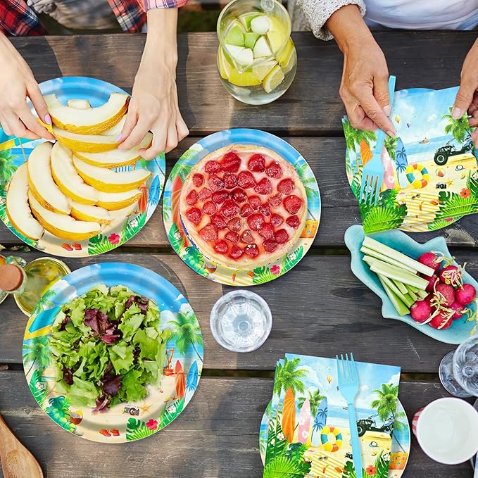 96 Pieces Summer Beach Tableware Set Party Supplies - Tropical Themed Disposable Dinnerware with Paper Plates, Napkins, and Forks for Picnics, Birthdays, Pool Celebrations - Serves 24