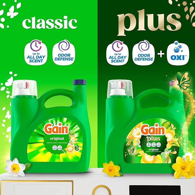 Gain Plus Liquid Laundry Detergent, Cleaner, Fresher, Now with Oxi, Original Scent, 99 fl oz, 75 Loads