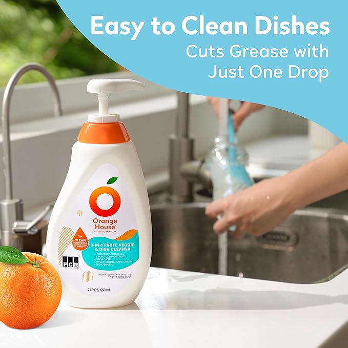 ORANGE HOUSE 3 in 1 Plant Based Dish Soap, Non Harmful Ingredients Veggie Wash, Orange Oil Fruit and Vegetable Wash, Convenient Fruit Wash, 21.9 Fl Oz Fruit Cleaner, Natural Dish Soap (1 Pack)