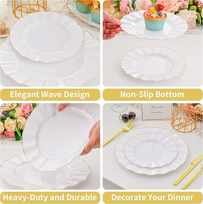 102Pcs White Plastic Plates, Heavy Duty Fancy Disposable Plate with Gold Rim, Party Plates include 51 Dinner & 51 Dessert Platos for Parties and Wedding(51 Guests)