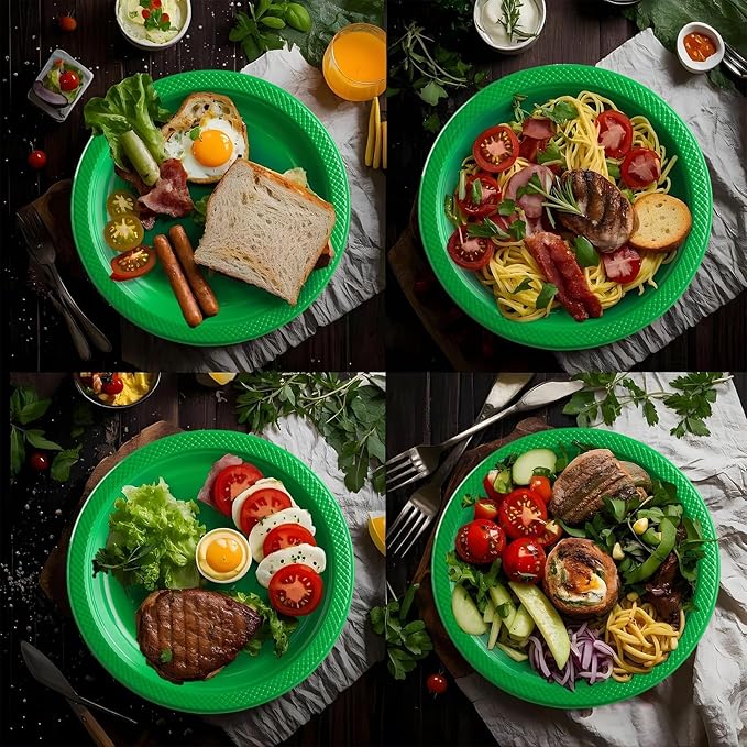 Green Plastic Plates,Green Disposable Plates,Including Green Plates and Napkins, Plastic Cutlery and 12OZ Cups for Engagement Wedding Birthday Graduation,Serve 25 Guests