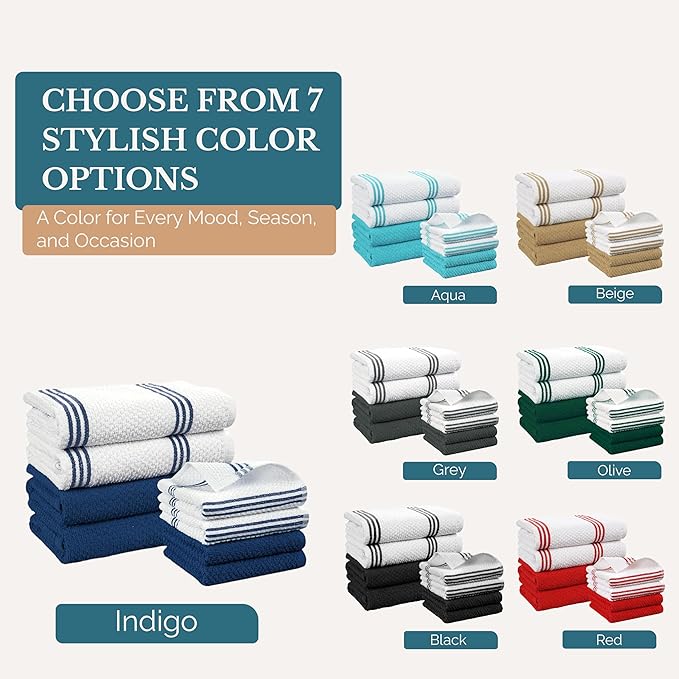 Casa Platino Kitchen Towel Set 8 Pc 4 Dish Cloths (13"x13") & 4 Kitchen Towels (16"x26") - Absorbent, Quick Dry, Soft, Durable Dish Rags With Hanging Loop for Wiping Surfaces & Drying Dishes - Blue.