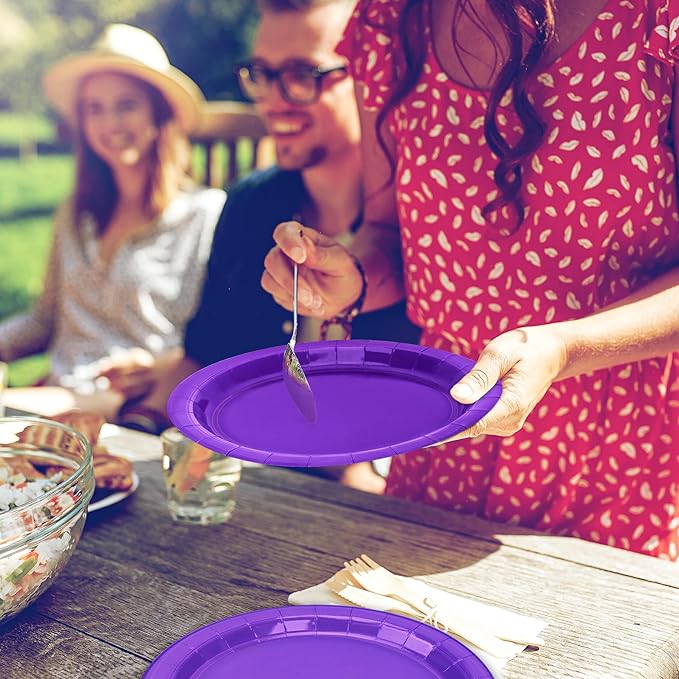 Disposable Paper Plates Set, 50 PCS Purple Dinner Paper Plates, Round 9 Inches Party Plates Pack for Daily Meal Picnic Anniversary Mardi Gras Carnival Festival Gathering Party Supplies