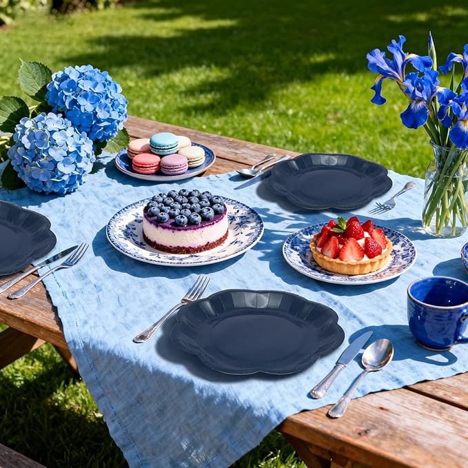 Navy Blue Plates Party Supplies,9 inch Blue Paper Plates Disposable Scalloped for Birthday Cake Plate Baby Shower Dinner Wedding Dessert Party
