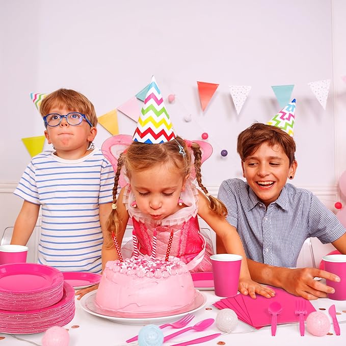 Kochorie 350 Pieces Hot Pink Dinnerware Set, 7 & 9 inch Dessert Paper Plates Cups Napkins Plastic Cutlery Disposable Party Supplies for Birthday Baby Shower Wedding, Serve 50 Guests