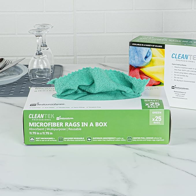 Restaurantware-Clean Tek Professional 11.81 x 11.81 Inch Microfiber Rags in a Box, 250 Absorbent Cleaning Cloths - No-Scratch, Green Microfiber Reusable Edgeless Cleaning Towels, Leaves No Streak