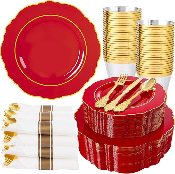 Liacere 350PCS Red Plastic Plates - Red Disposable Plates With Gold Rim - 50Guest Baroque Plastic Dinnerware include 100Plates-50Pack Pre Rolled Napkins with Silverware 50Cups for Wedding&Memorial day
