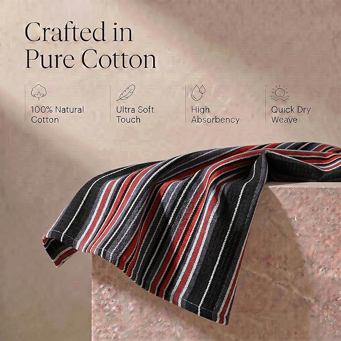 Urban Villa Kitchen Towels Waffle Stripes Dish Towels for Kitchen Black Color Set of 6 Kitchen Towels Highly Absorbent Cotton Over Sized 20X30 in with Mitered Corners Kitchen Hand Tea Towels