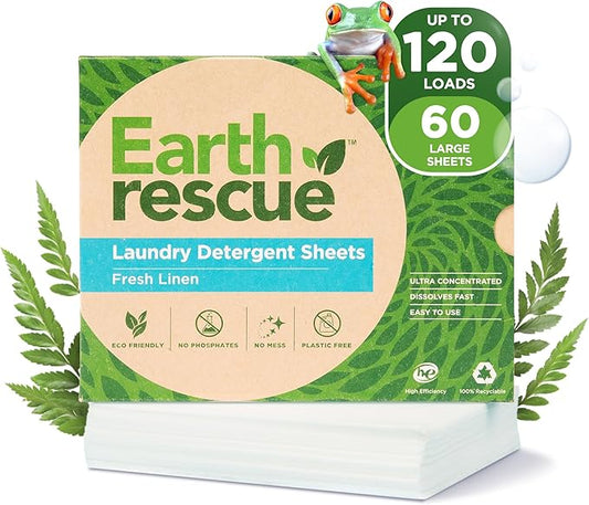 Earth Rescue Laundry Detergent Sheets - Up To 120 Loads (60 Sheets) - Ultra Concentrated Liquidless Dry Laundry Detergent, Ideal For Sensitive Skin, Eco Friendly, Plastic Free - Fresh Linen