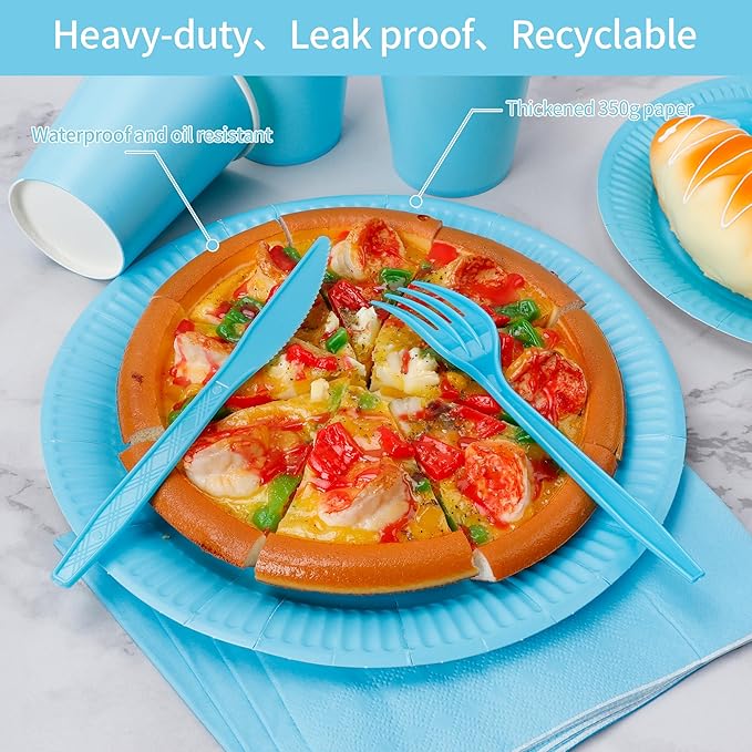 210-Piece Disposable Light Blue Paper Plates Party Supplies - Party Plates, Cups, And Napkins Sets, Light Blue Plastic Silverware, Serves 30 People