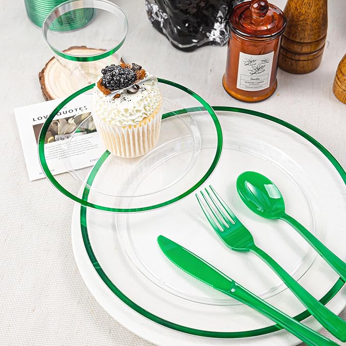 N9R 600PCS Green Plastic Dinnerware Set, Disposable Plastic Plates Includes 100 Dinner Plates, Dessert Plate, Cups, Spoons, Forks, Knives for 100 Guests, Perfect for Party, Wedding, Birthday