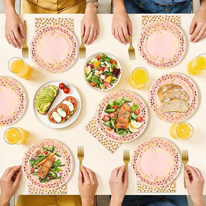 Pink and Gold Paper Plates and Napkins Party Supplies,Serves 25 Guests Pink Gold 9 Inch Plates and Napkins,Disposable Paper Tableware Set for Birthday Wedding Bridal Shower Baby Shower Decorations