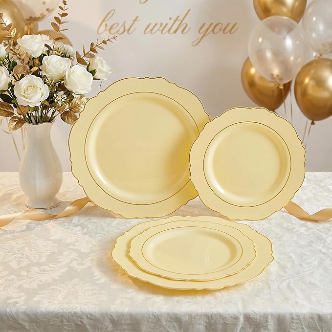 Liacere 350PCS Yellow Plates - Yellow Disposable Plastic Plates With Gold Rim-50Guest Plastic Dinnerware include 100 Plates,50 Pack Pre Rolled Napkins with Silverware 50Cups for Wedding＆Mother's Day