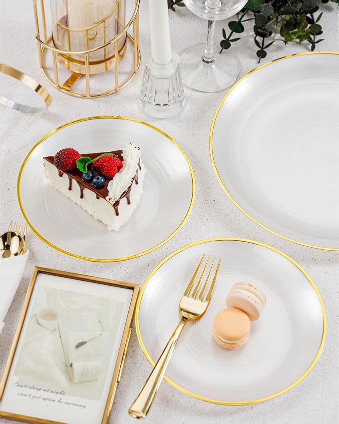 Morejoy 350PCS Pearl White and Gold Plastic Plates - Disposable Gold Party Plates & Pre Rolled Napkins with Cutlery for 50 Guests, 100Plates, 150Silverware, 50Cups, 50Napkin for Party & Mother's Day