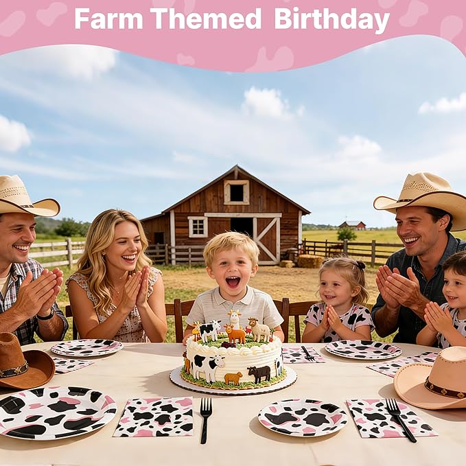 100 Pcs Cow Party Supplies for 25 Guests, Heavy-Duty 7" & 9" Paper Plates, 2-Ply 13" Napkins & Plastic Forks, Disposable Tableware Set for Cow Birthday, Farm and Western Party